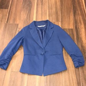 Gibson Navy Ponte Knit Ruched Sleeve Blazer